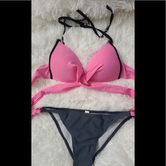 New pink set women push up swim wear cross bandage halter ..please check actual - Picture 2 of 5